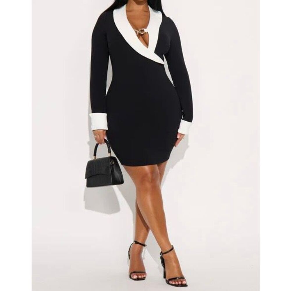 Long Sleeve Collar Mini Dress - Black/White
